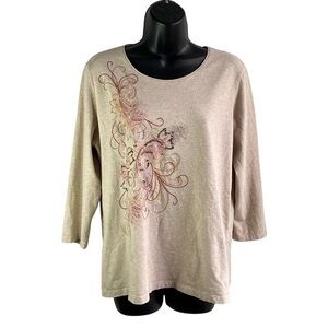 Laura Scott SzL 100% Cotton Beige 3/4 Sleeved Tee Sequin and Embroidered details